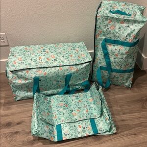Set of 3 Aqua Floral Storage Bag or Moving Bag Set with Teal Handles
